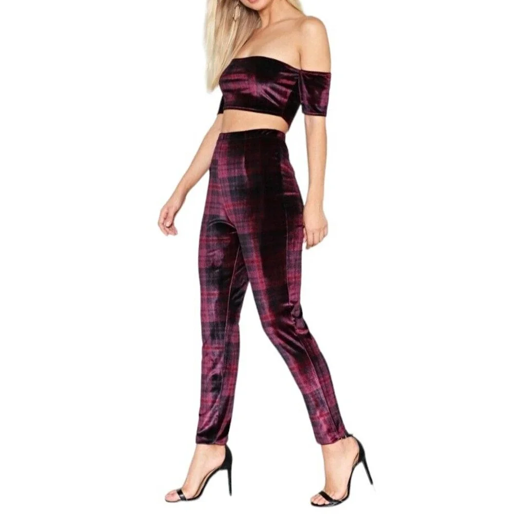 Nasty Gal Womens Pants Top Set Plaid About You Maroon Co Ord Velvet Velour Sz 4 - Picture 1 of 11